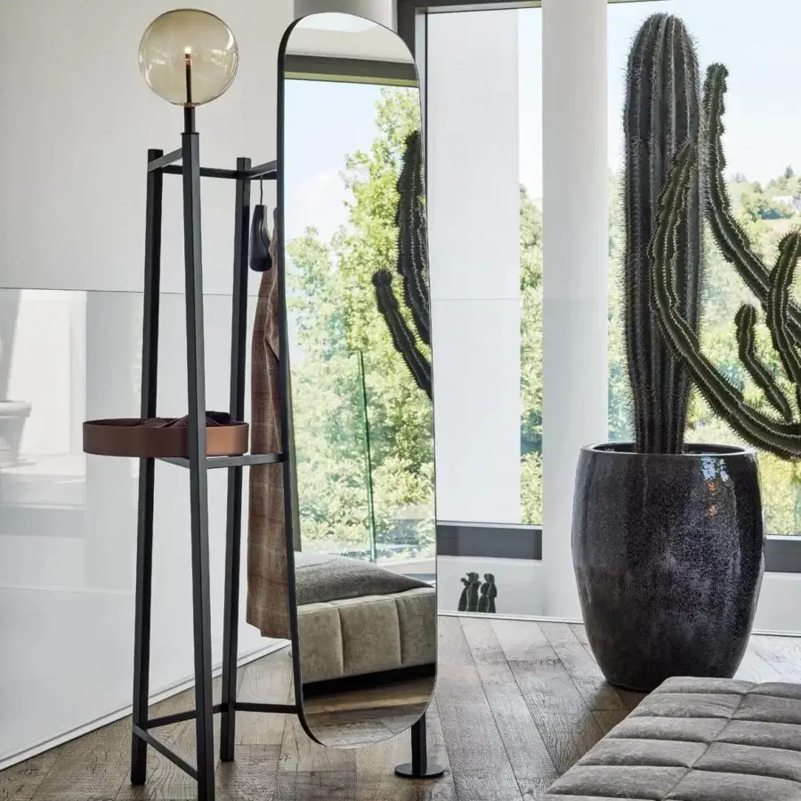Exceptional Bonaldo Salomé valet stand with matte black metal, full-length mirror and spherical warm-toned glass fixture
