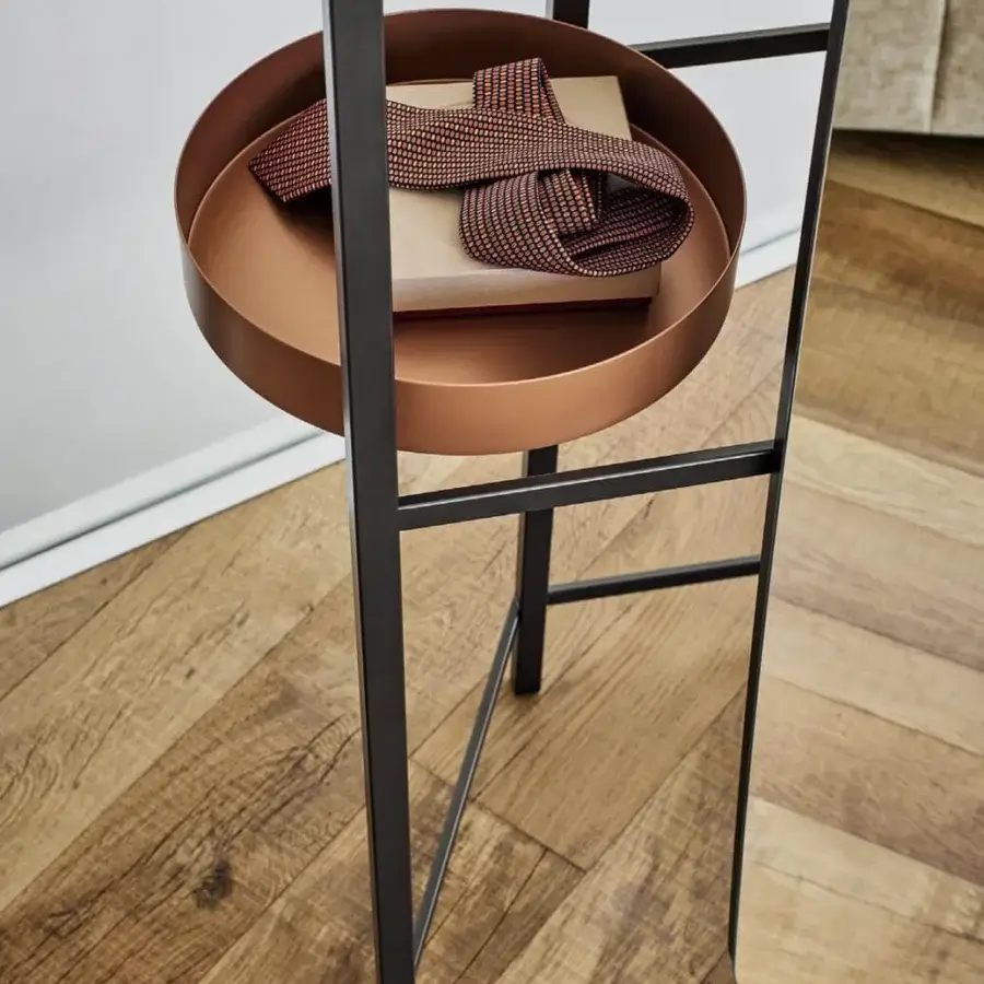 Sophisticated Bonaldo Salomé valet stand with dark gray matte metal, smooth copper-toned tray and full-length mirror