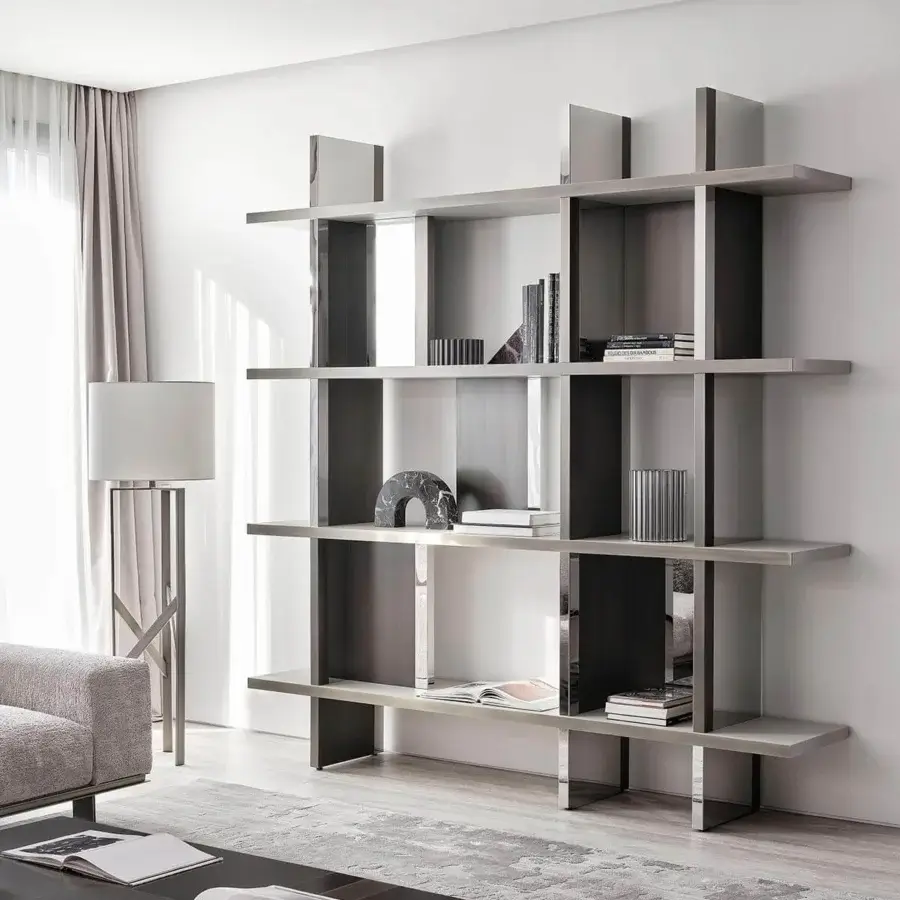 Exclusive Rugiano Asia bookcase with splendid metal structure, light gray leather shelves and darker gray vertical panels in chrome finish