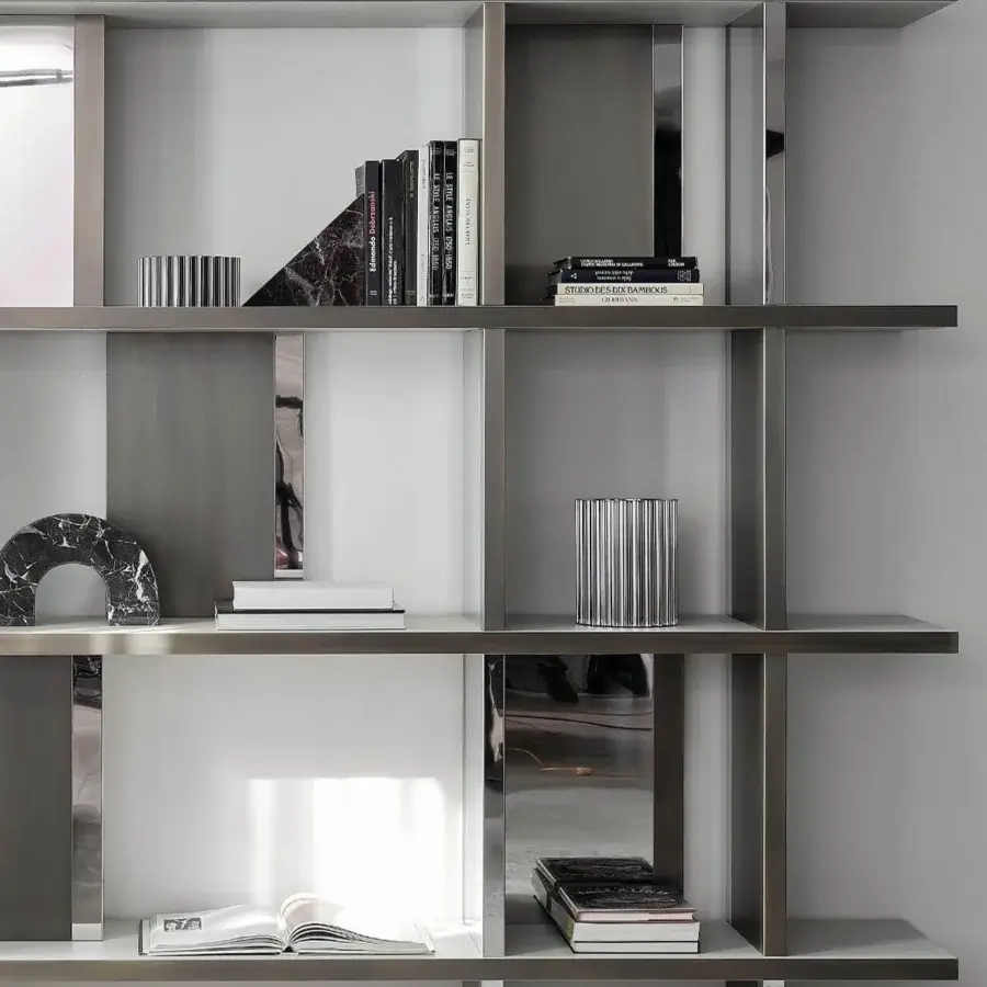 Distinguished Rugiano Asia bookcase with geometric design, leather shelves and bronze-finished metal structure