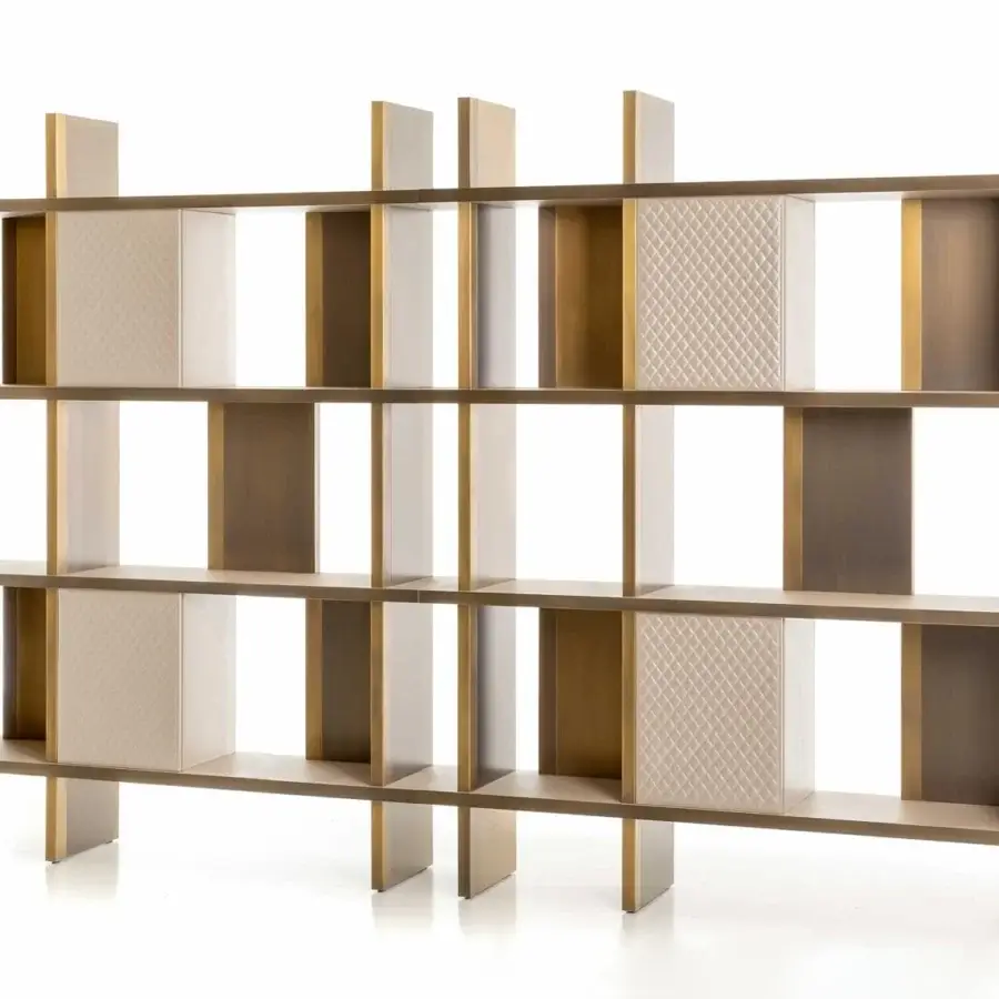 Lavish Rugiano Asia bookcase with a bronze metal structure and shelves covered in refined light brown leathers