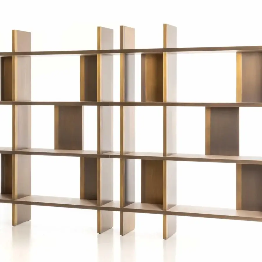 Exceptional Rugiano Asia bookcase with a geometric design, bronze finished metal and refined brown leather shelves
