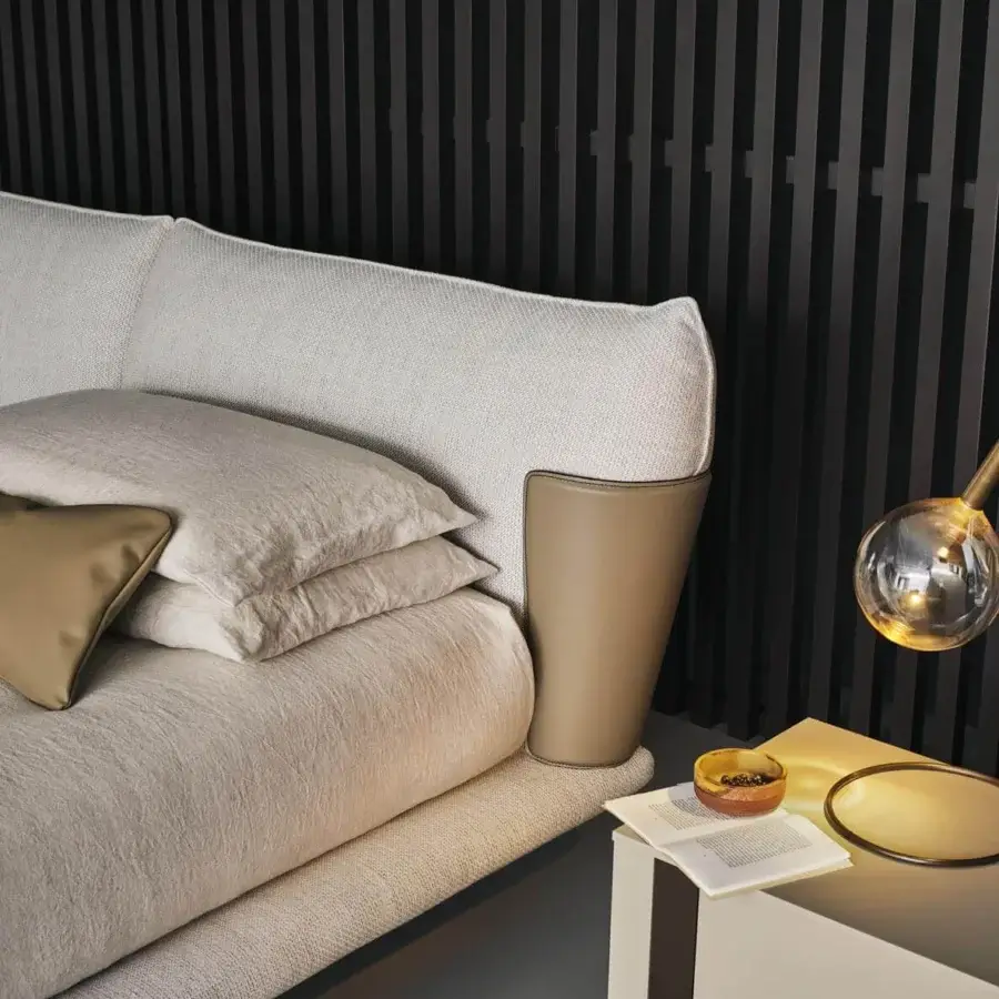 Harmonious Bonaldo Blend bed with padded headboard, light beige removable fabric upholstery and emery leather inserts