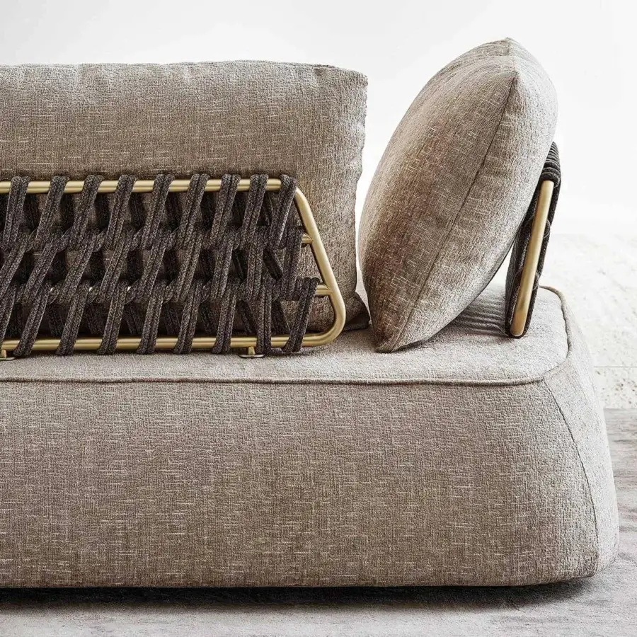 Distinguished Rugiano Melody sofa with refined woven metal supports and light-to-medium brown textured textile upholstery