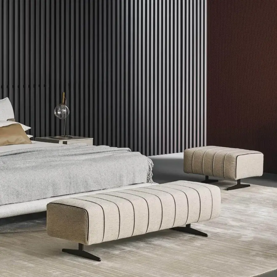 Distinguished Bonaldo Mark bench with light beige textile upholstery and precious dark leather details, finished matte