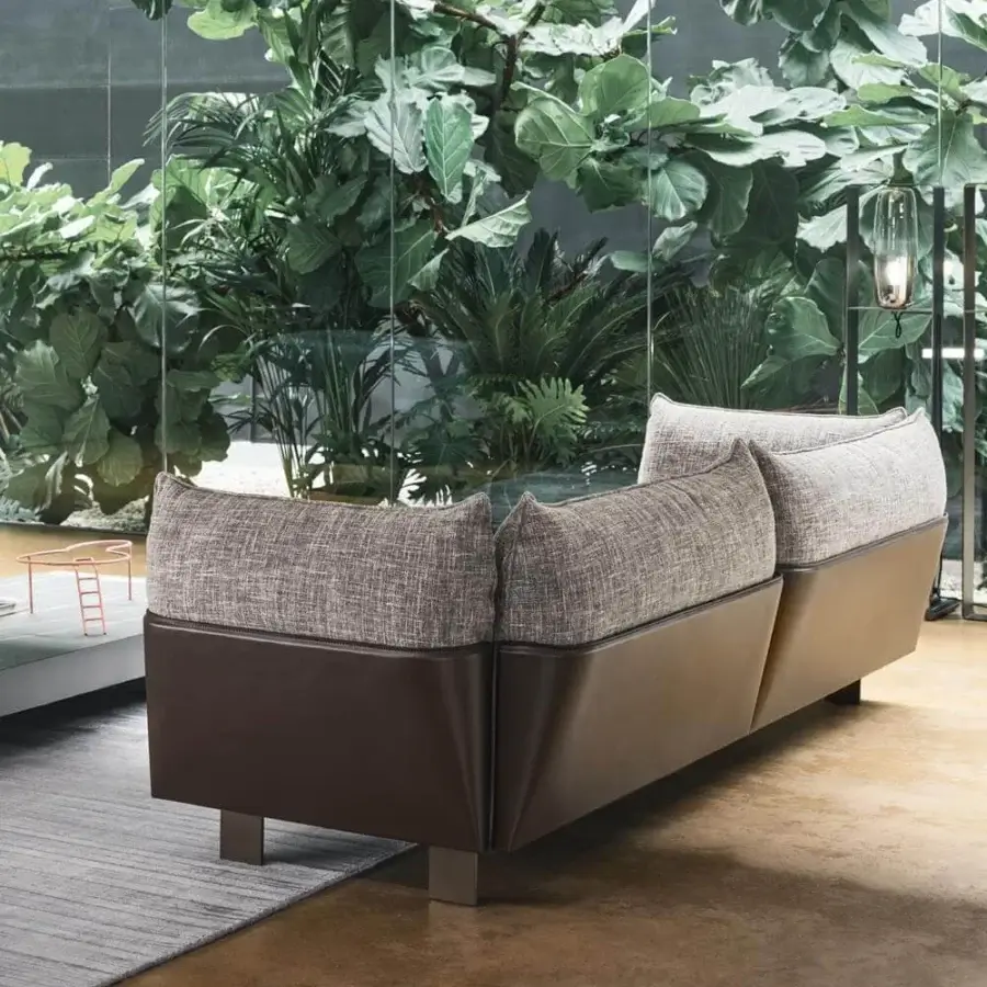 Distinctive Bonaldo Blend sofa with dark brown emery leather and light grey textured fabric cushions built with a metal backrest and painted feet