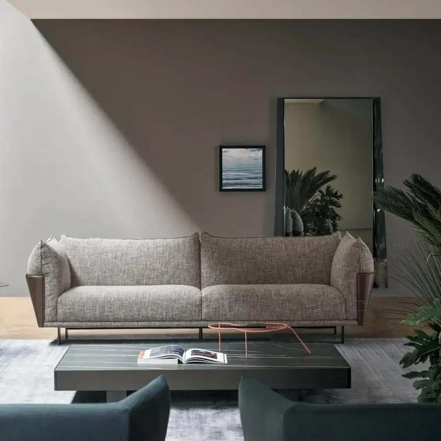 Superior Bonaldo Blend sofa with a wood seat, metal backrest, textured light-grey fabric and dark, matt painted metal base built with brown emery leather