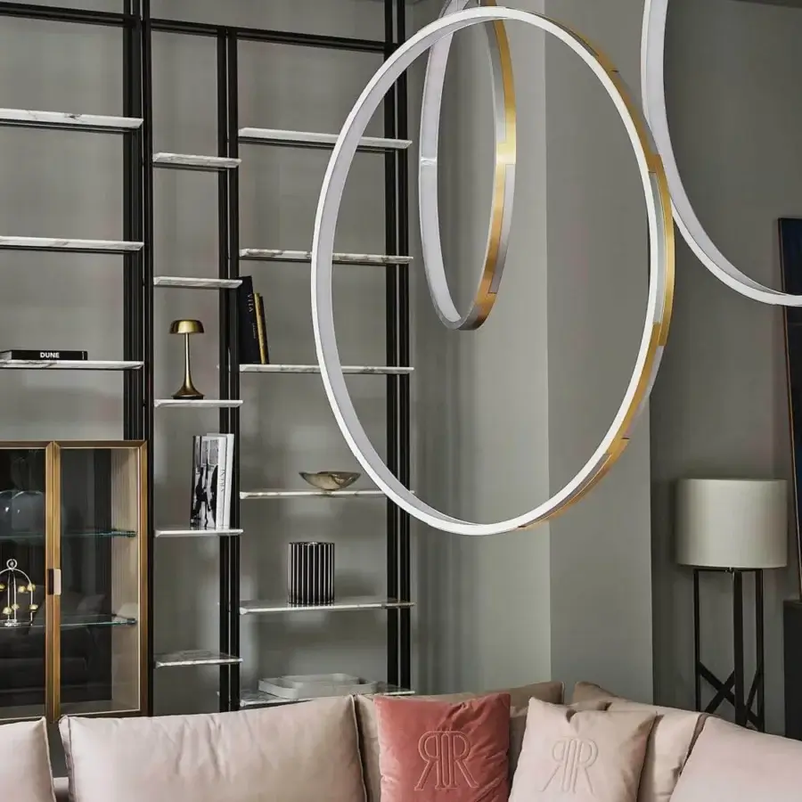 Exclusive Rugiano Frame bookcase with dark chrome metallic structure and light-colored marble shelves, including leather cabinet with glass doors