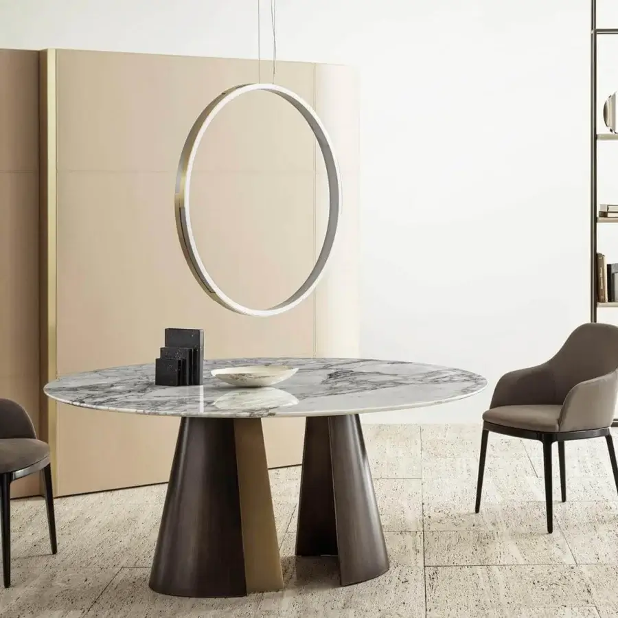 Distinguished Rugiano Frame bookcase with bronze metallic structure and light toned shelving surfaces including glass doors with leather sides