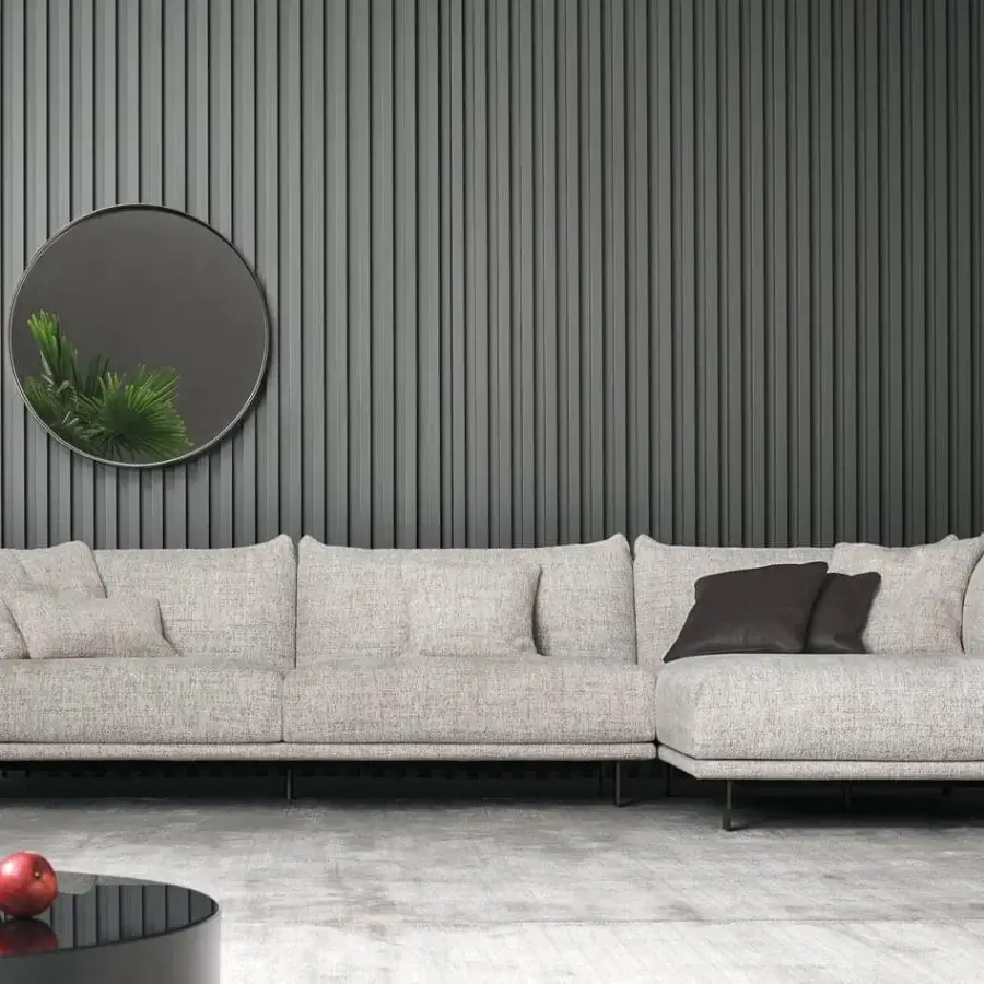 Distinguished Bonaldo Blend sectional with light grey woven fabric, metal backrest and emery leather perimeter built on painted metal legs