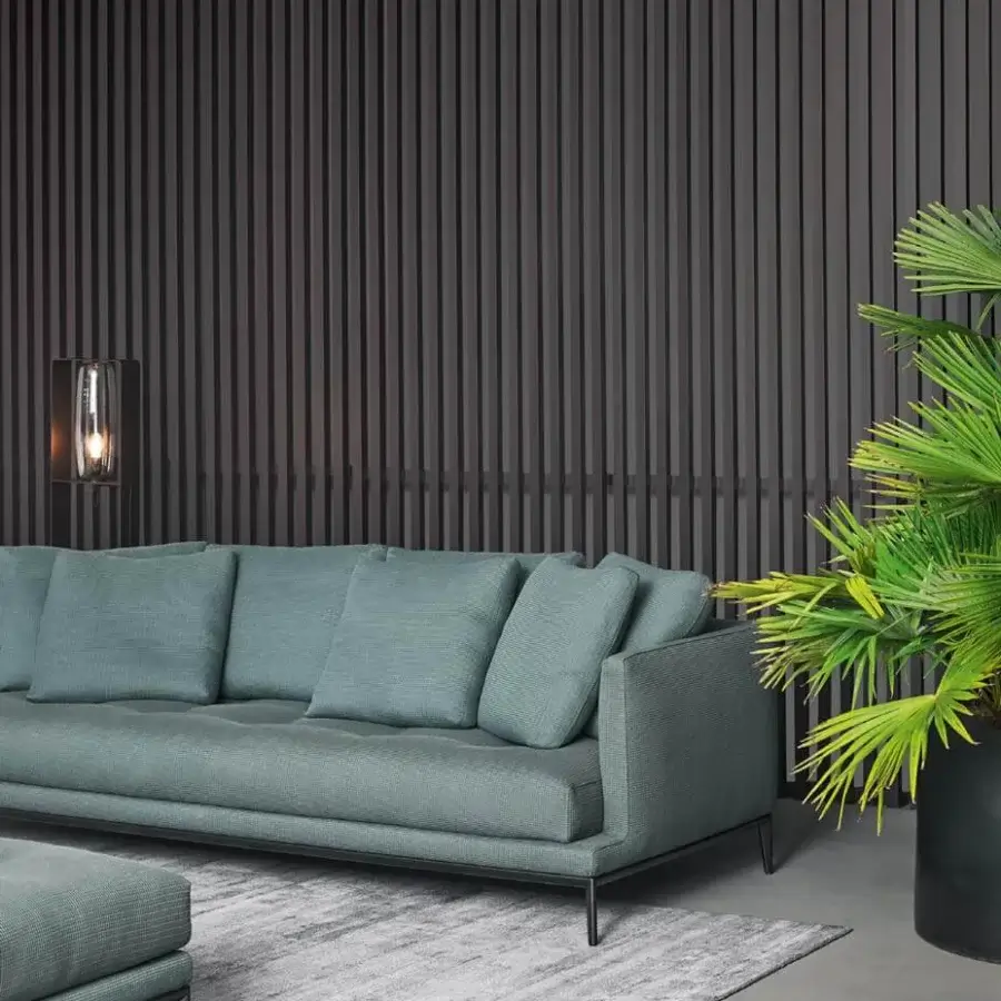 Distinguished Bonaldo Soft Island sofa with deep tufting and generous cushions in matte blue-green textile, built with slim metal feet