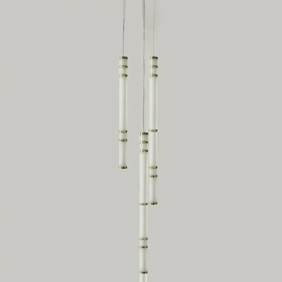 Exclusive Rugiano Atrium suspension lamp with vertically oriented sandblasted glass tubes and gold varnished brass details