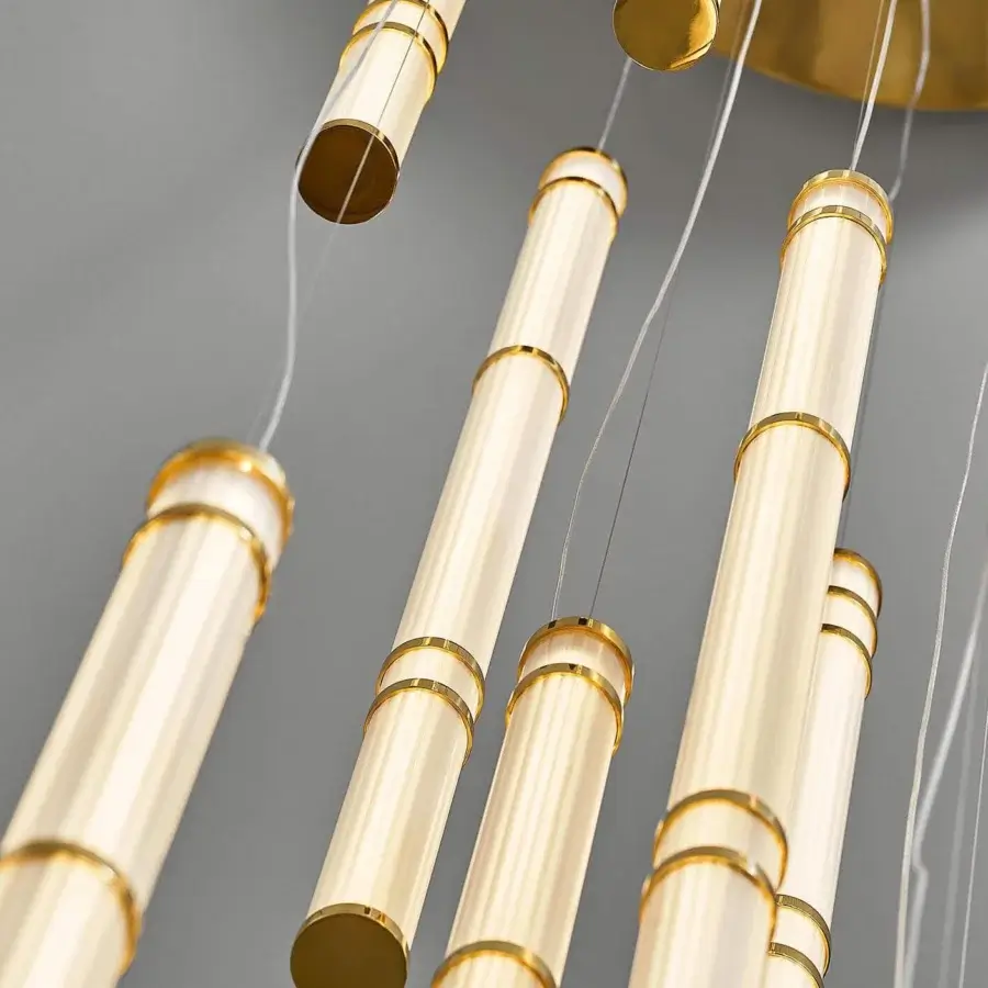 Superior Rugiano Atrium suspension lamp with striped sandblasted glass tubes and gold varnished brass details