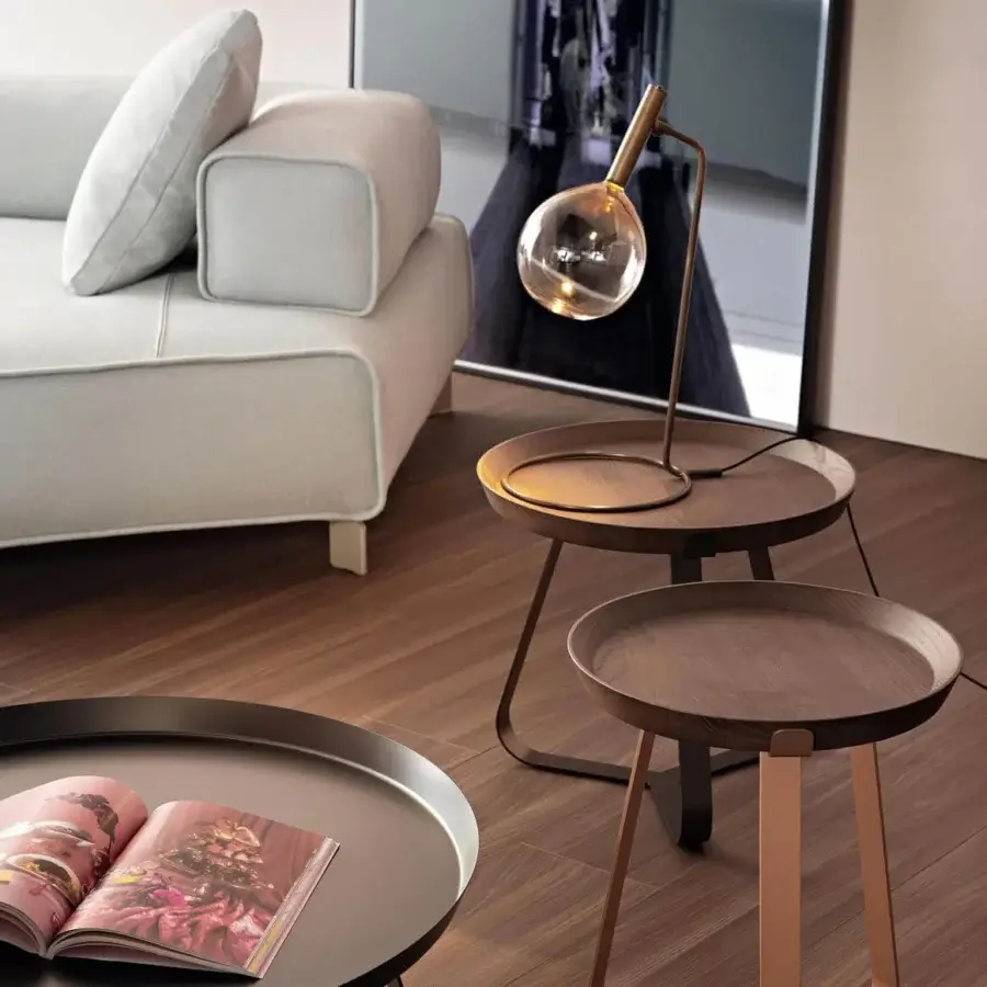 Refined Bonaldo Frinfri side table with removable wooden tray and looped copper-colored metal base