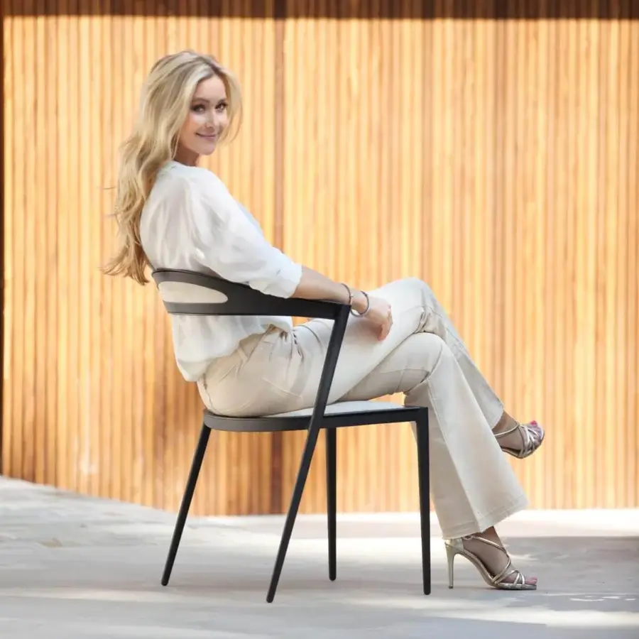Exceptional Royal Botania Styletto chair with angular aluminum frame and light beige seat offering transforming design with matte finish