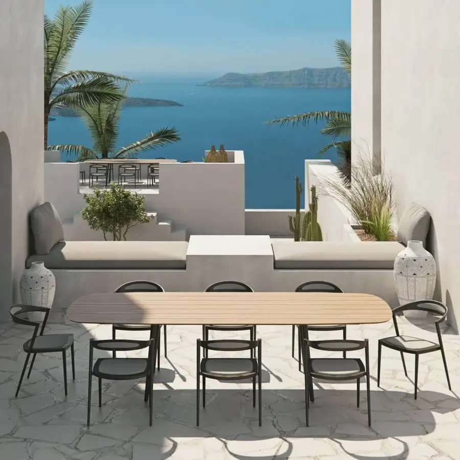Innovative Royal Botania Styletto chair with black matte aluminum frame and woven gray seat offers ergonomic curves