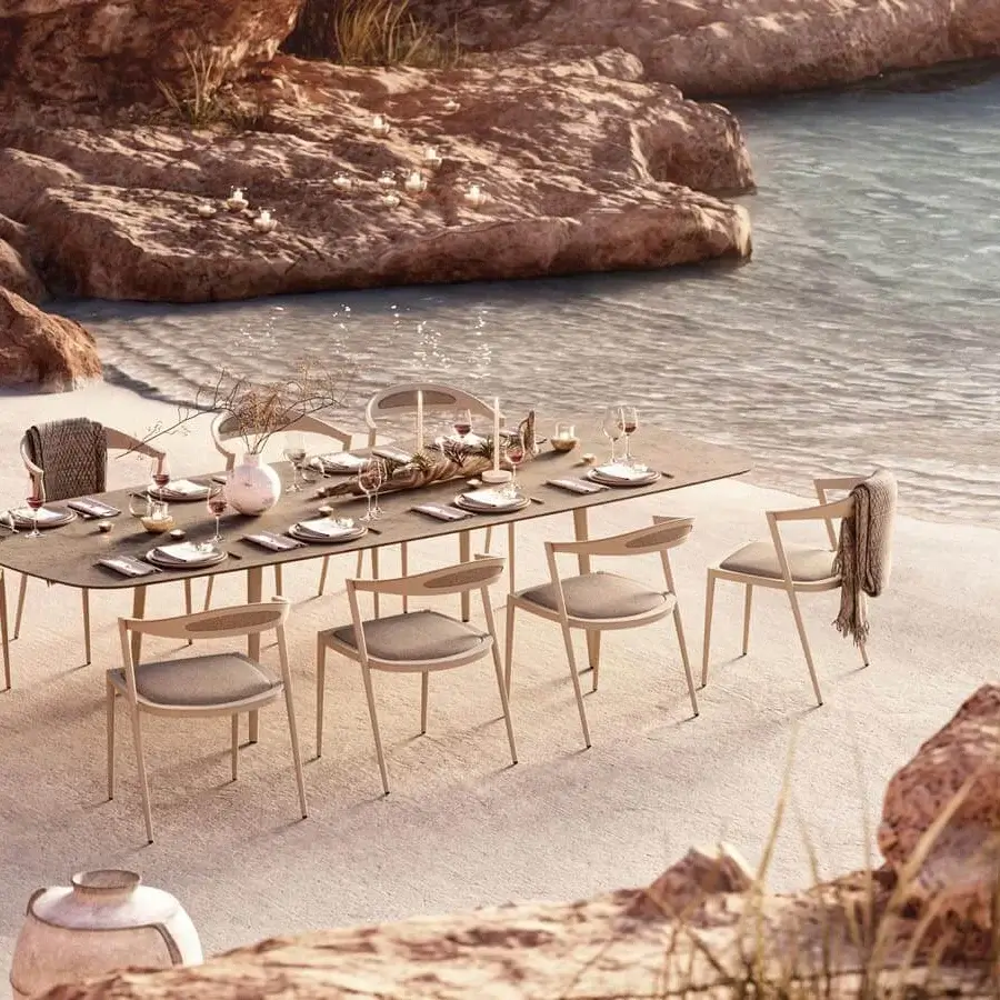 Exceptional Royal Botania Styletto chair crafted with aluminum in a light beige tone and matte finish with a comfortable textile seat cushion