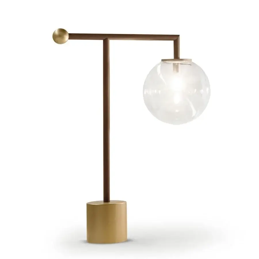 Superior Bonaldo Bardot table lamp with a geometric metal structure and transparent glass globe shade in lead finish