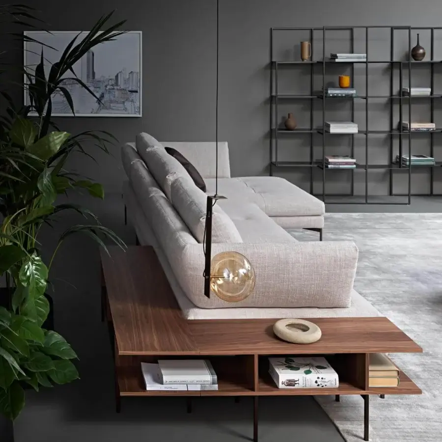 Distinguished Bonaldo Aliante sectional with wood frame and woven light beige upholstery, accented by dark brown leather and Canaletto walnut veneer