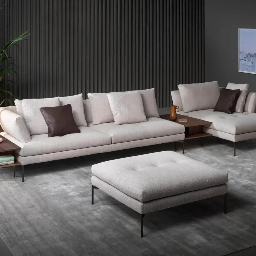 Exceptional Bonaldo Aliante sectional with light grey textile upholstery, dark brown cushions and Canaletto walnut veneered wood side tables built with a matt painted metal base