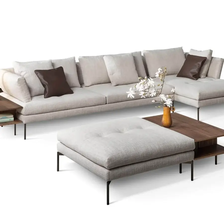 Distinguished Bonaldo Aliante sectional with removable light beige fabric upholstery and Canaletto walnut veneered wood side tables