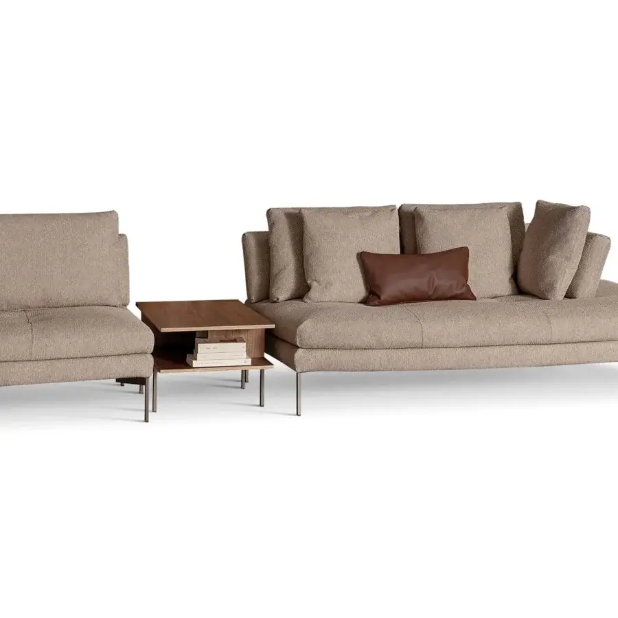 Distinguished Bonaldo Aliante sectional with warm beige textile upholstery, Canaletto walnut veneer, and dark metal supports crafted in Italian design