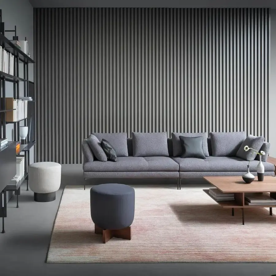 Captivating Bonaldo Aliante sofa with cool gray textile upholstery, a wood structure and sleek matt-painted metal feet