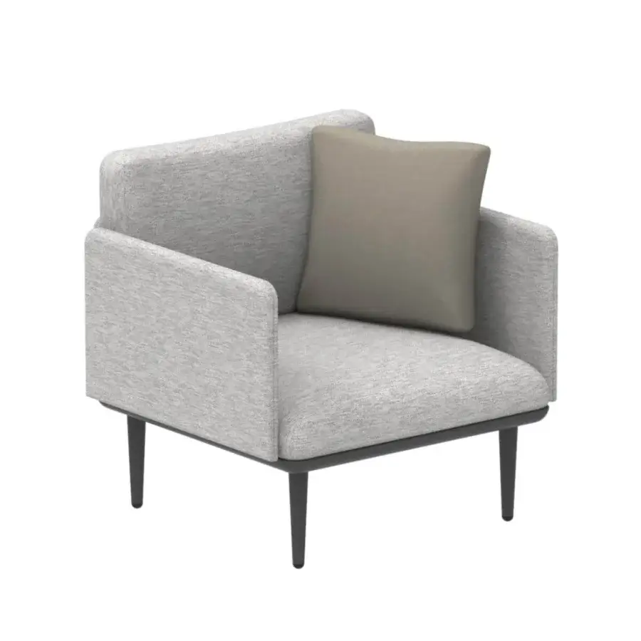 Distinguished Royal Botania Styletto lounge chair upholstered in light gray textured textile with dark coated aluminum legs and square cushion