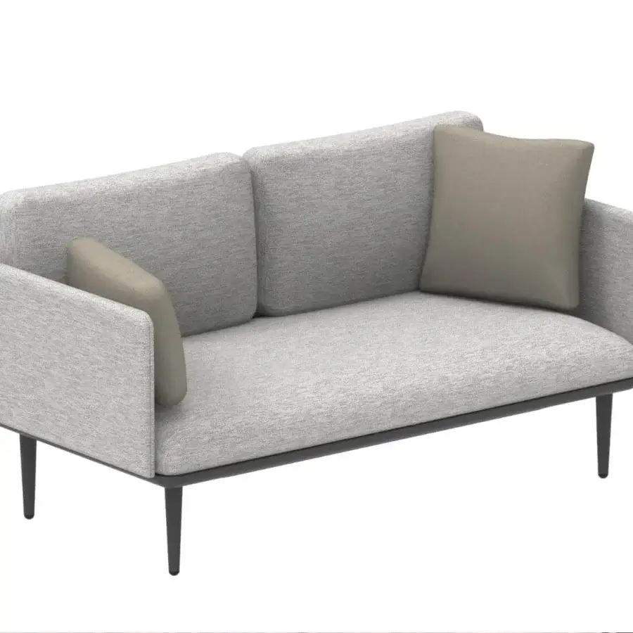 Distinguished Royal Botania Styletto lounge sofa with light gray fabrics and dark coated aluminum legs, accented with muted brown cushions
