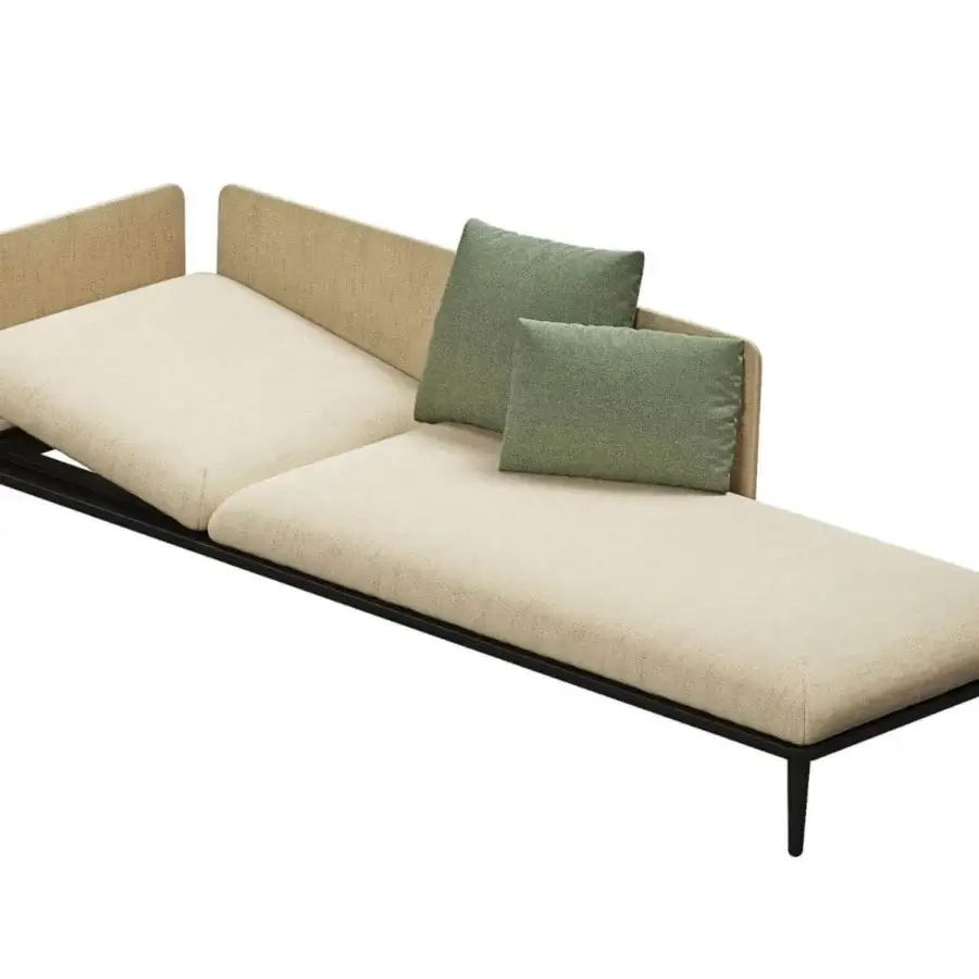 Lavish Royal Botania Styletto lounge lounger crafted in light beige textile with dark metal and green square cushions