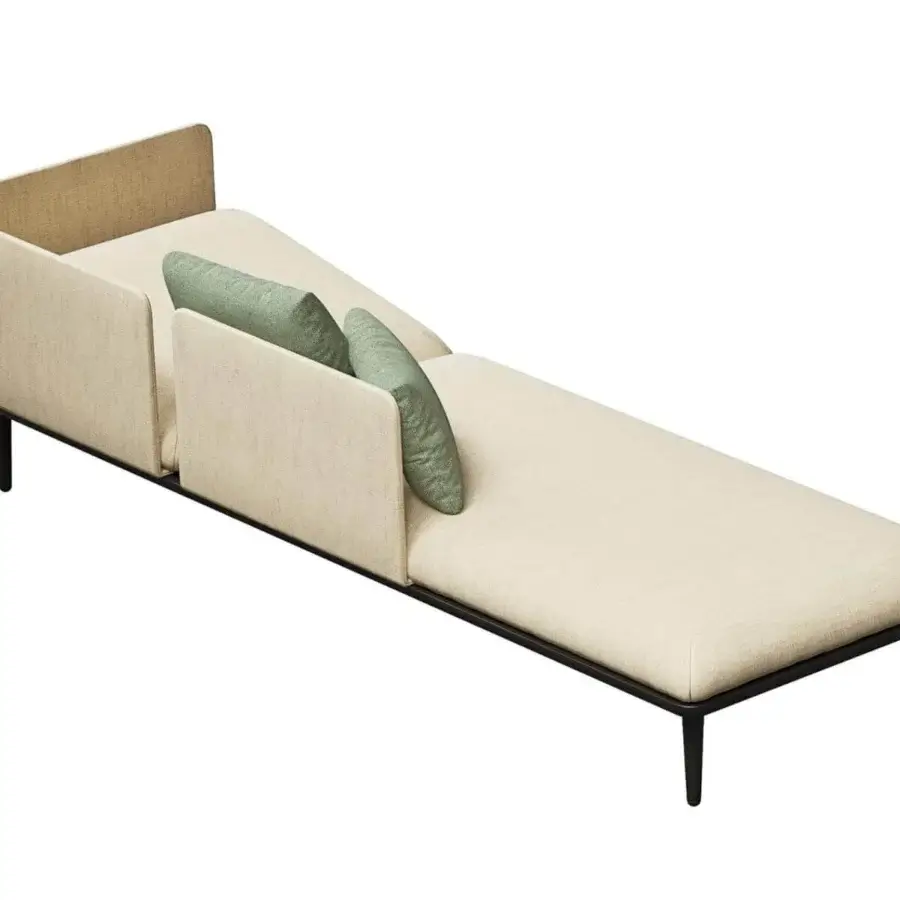 Superior Royal Botania Styletto lounge lounger with plush light beige and light green cushions and dark stiletto-shaped legs