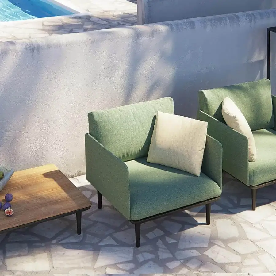 Luxury Royal Botania Styletto lounge coffee table with teak wood top and elegantly tapered stiletto-shaped legs