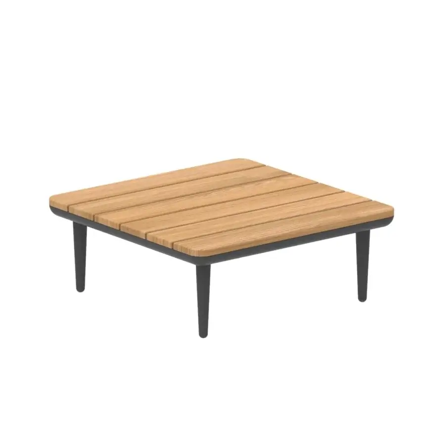 Elegant Royal Botania Styletto lounge coffee table crafted with teak wood and a dark gray base with stiletto-shaped legs