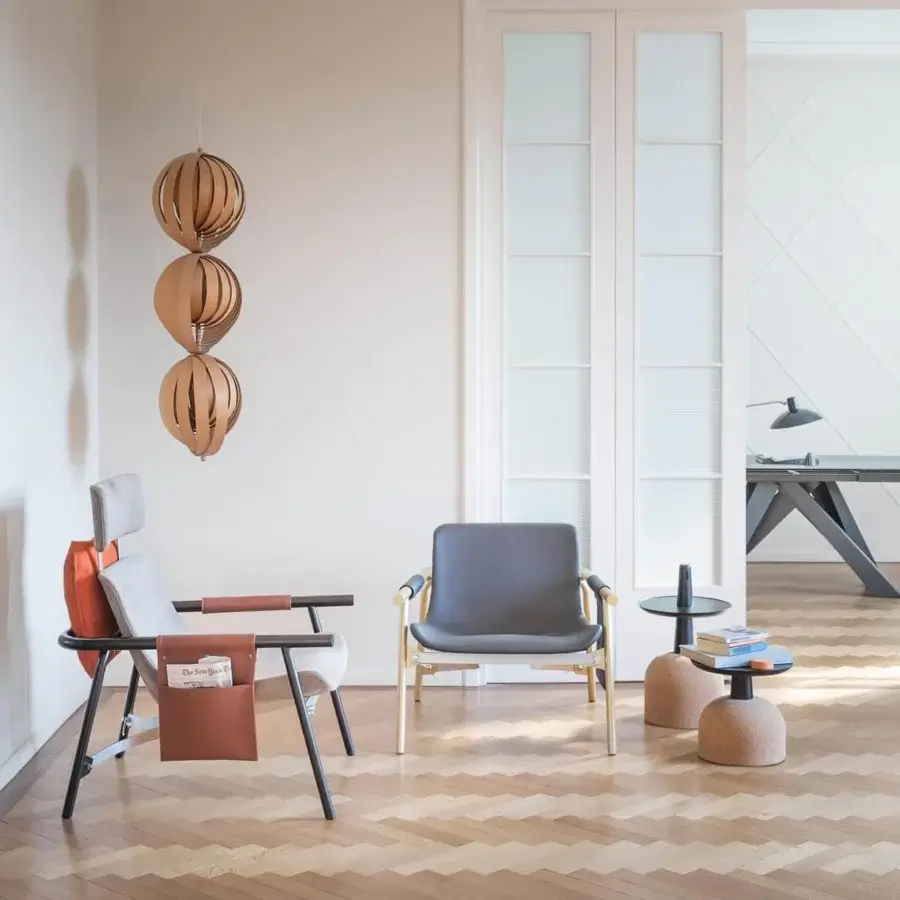 Elegant Bonaldo Assemblage side table with cylindrical cork base and dark solid wood tabletop