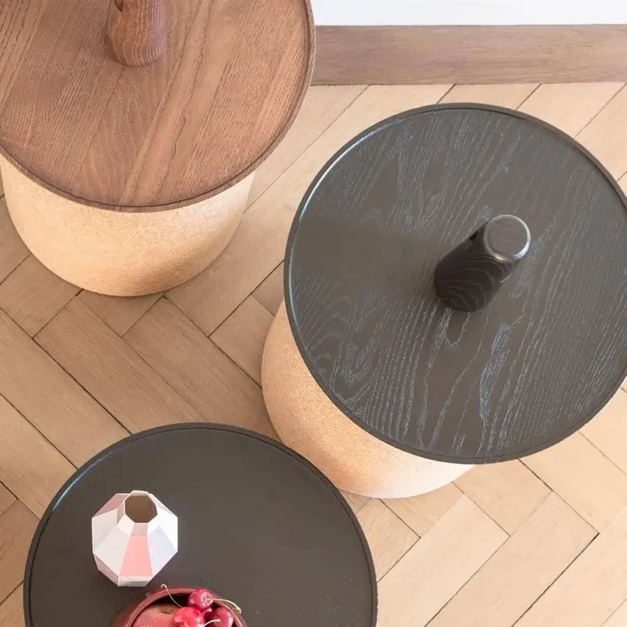 Distinctive Bonaldo Assemblage side table with dark solid wood top and unique cork base crafted with a cylindrical knob handle