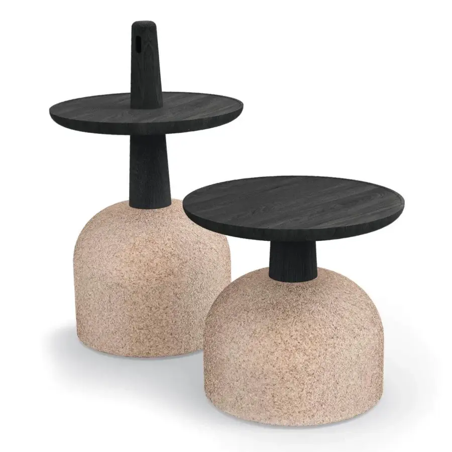 Sophisticated Bonaldo Assemblage side table with dark wood top and uniquely textured cylindrical cork base with matte finish