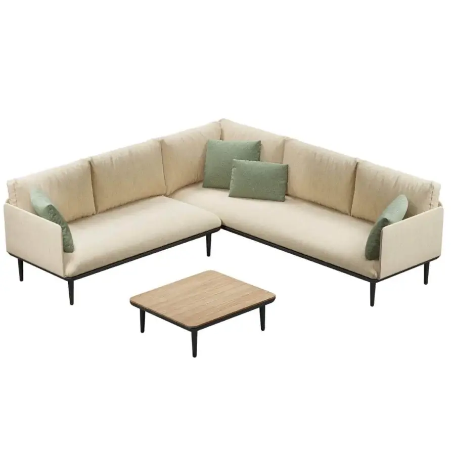 Exceptional Royal Botania Styletto Lounge sectional with light beige fabric upholstery and dark stiletto legs, paired with a wood-grain coffee table
