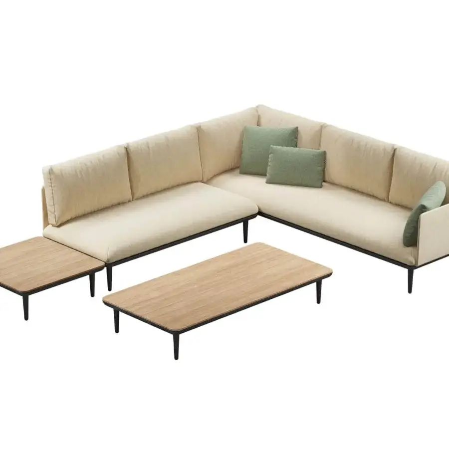 Elegant Royal Botania Styletto Lounge sectional with light beige textile and teak wood tabletops built with a contrasting black metal framework