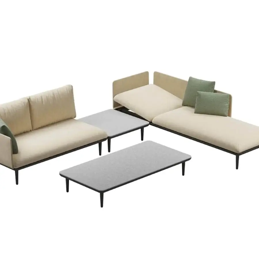 Superior Royal Botania Styletto Lounge sectional with light beige textile upholstery and dark green cushions crafted in sleek frames