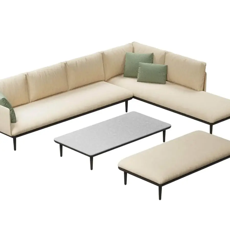 Distinguished Royal Botania Styletto Lounge sectional crafted with dark metal and light beige textile upholstery, accented with square green cushions