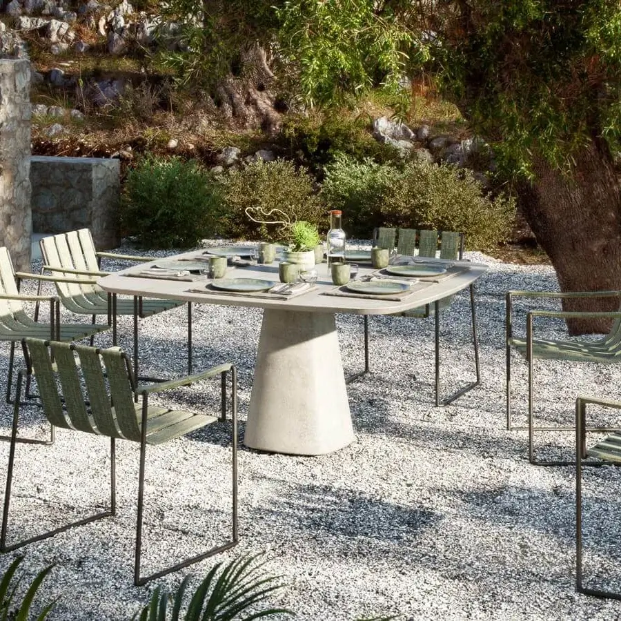Exceptional Royal Botania Strappy armchair with a coated stainless steel frame and light green seat straps for indoor or outdoor use