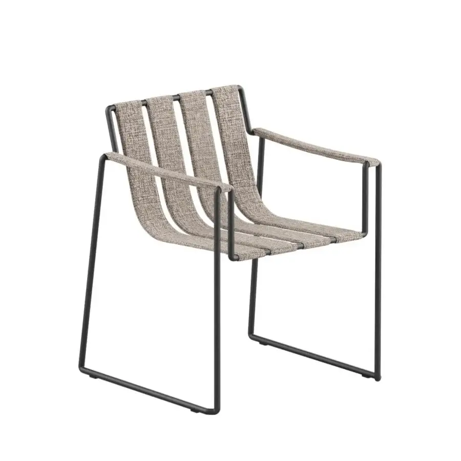 Distinguished Royal Botania Strappy armchair with coated stainless steel and light tan woven straps in a matte black finish