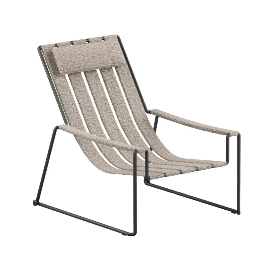 Distinguished Royal Botania Strappy lounger with a coated stainless steel framework and light beige textile straps offering comfortable lounging