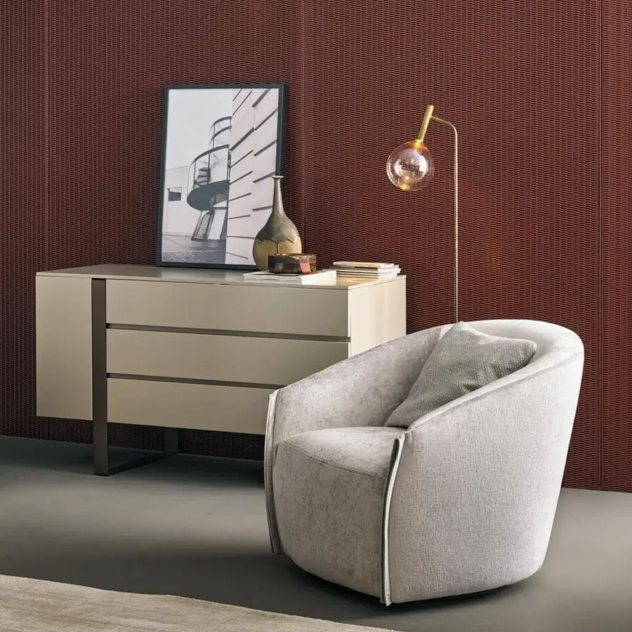 Refined Bonaldo Bodo lounge chair with light gray textured fabric upholstery and metallic trim built with a matt painted metal swivel base