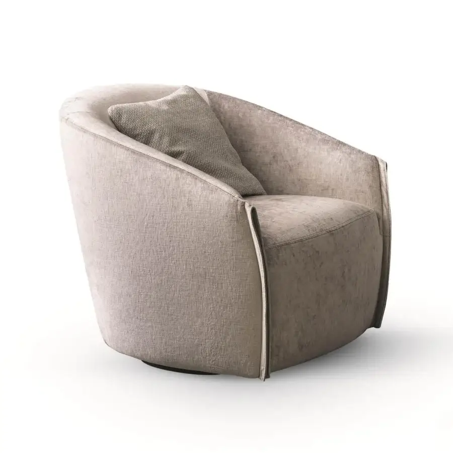 Distinctive Bonaldo Bodo lounge chair upholstered in light beige textured fabric with a matt painted metal swivel base and leather armrest accents