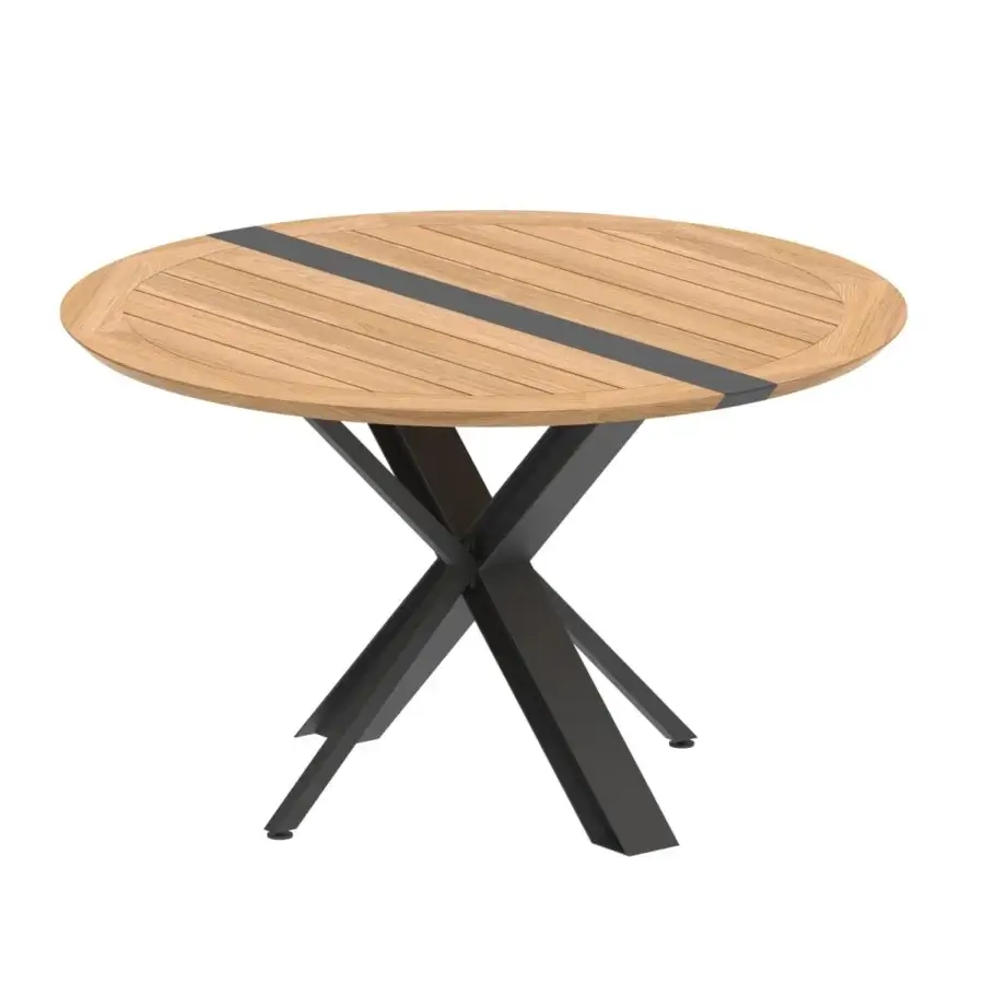 Distinguished Royal Botania Traverse table with teak wood top and dark gray accent in coated aluminum construction