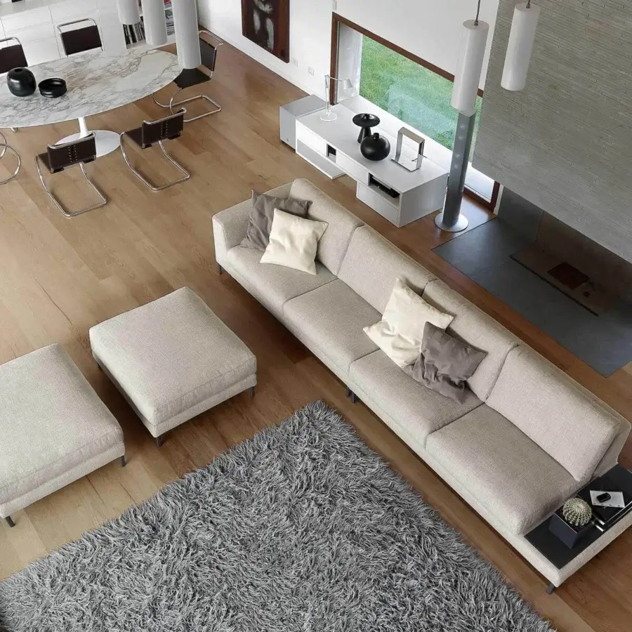 Luxury Ditre Italia Artis ottoman in light neutral beige textile with matte finish and “Punto Pettine” stitching