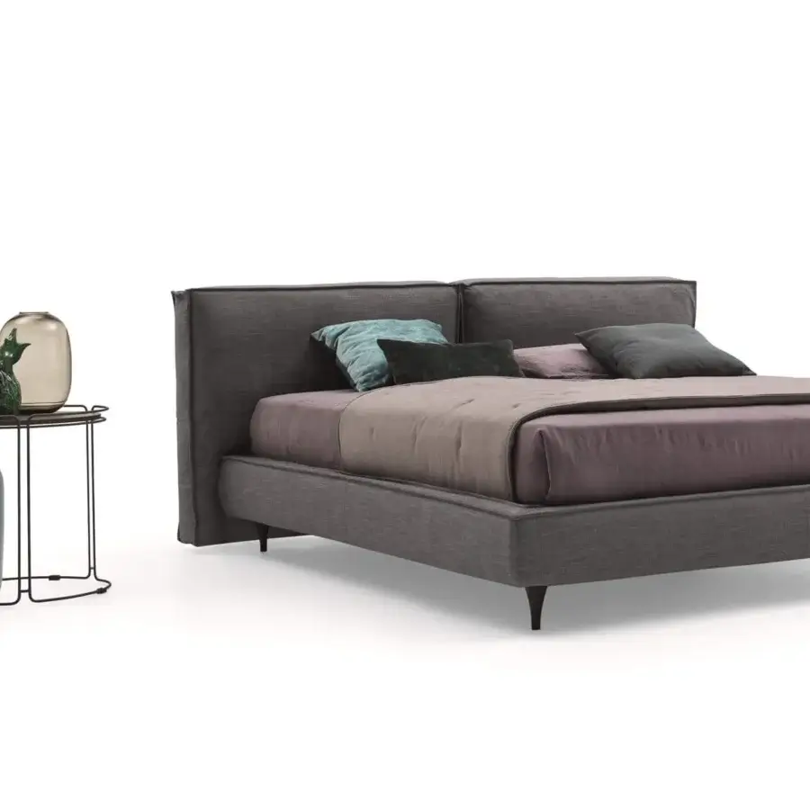 Distinguished Ditre Italia Flann bed with pinewood frame swathed in matte gray textile and short tapered legs