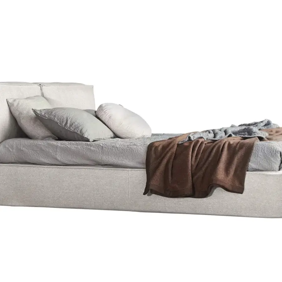 Luxury Ditre Italia Flann bed crafted with a light gray fabric upholstery and matte finish, presenting a split headboard design