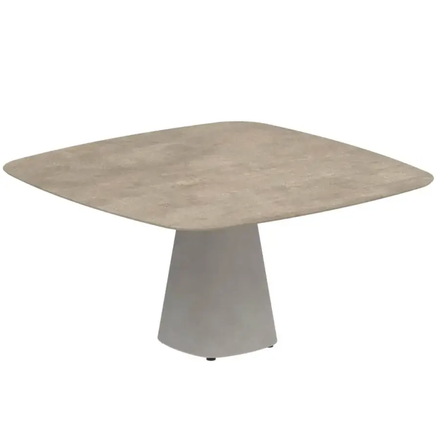Innovative Royal Botania Conix table with a square tabletop and conical fibre-reinforced Ductal® concrete base in a matte light beige finish